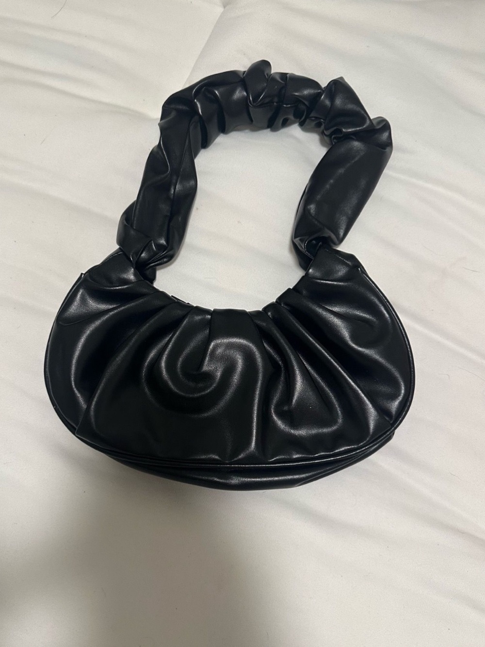 Black Ruched Shoulder Bag - Sleek Gathered Leatherette Purse